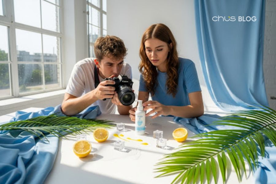 Blue and white tones create a cool feeling for summer products