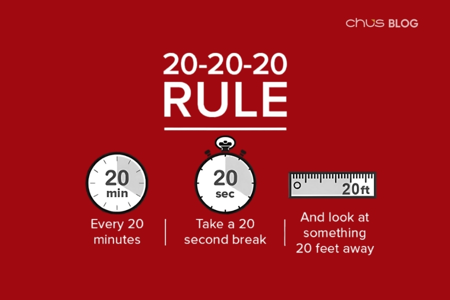 Apply the 20-20-20 rule to reduce eye strain and blue light exposure while using screens.