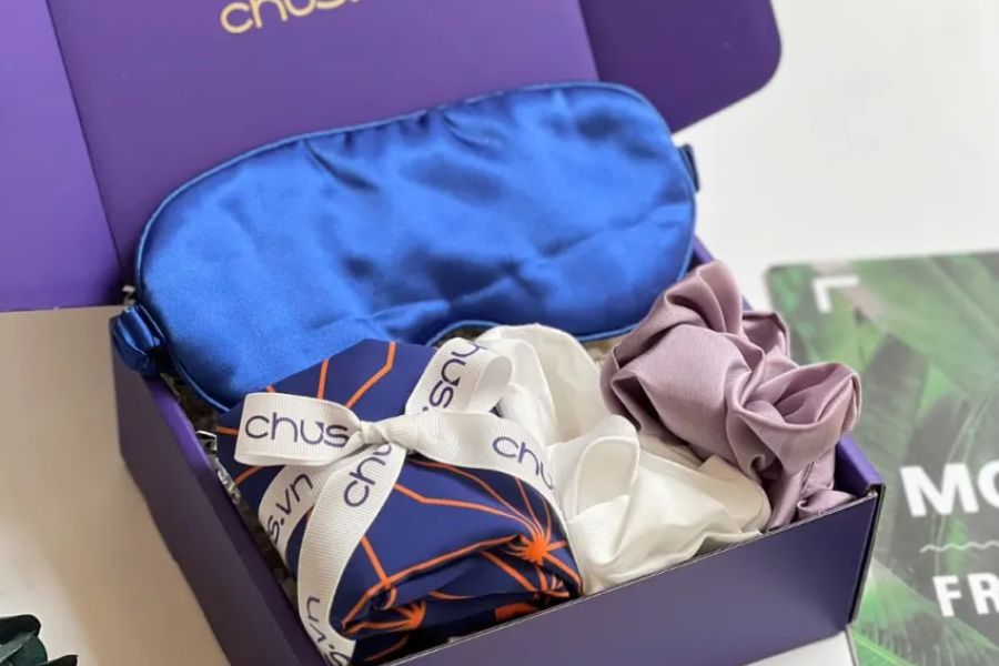 Premium silk gift set in an elegant purple box with ribbon