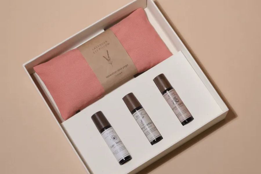 Eye care gift box with compress pillow and roll-on essential oils
