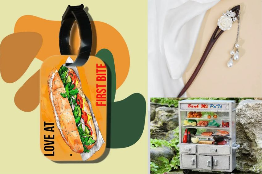 Ảnh 04. Bộ sưu tập quà lưu niệm quốc tế với nam châm, thẻ hành lý và trâm cài sơn mài