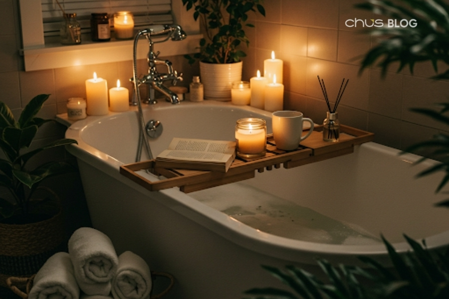 Tạo không gian spa riêng với tinh dầu thơm, nến và khăn tắm mềm mại