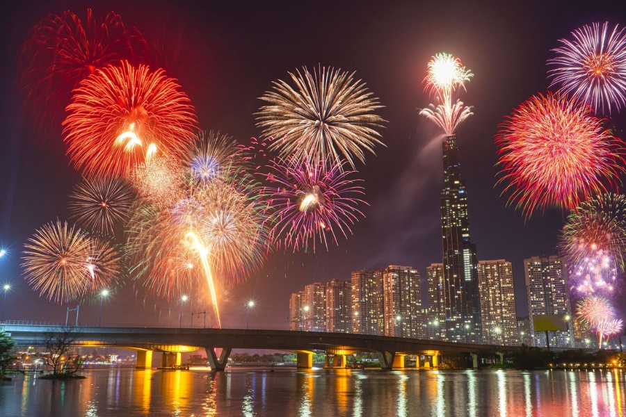 Brilliant fireworks welcoming the new year - magical moment of New Year's Day