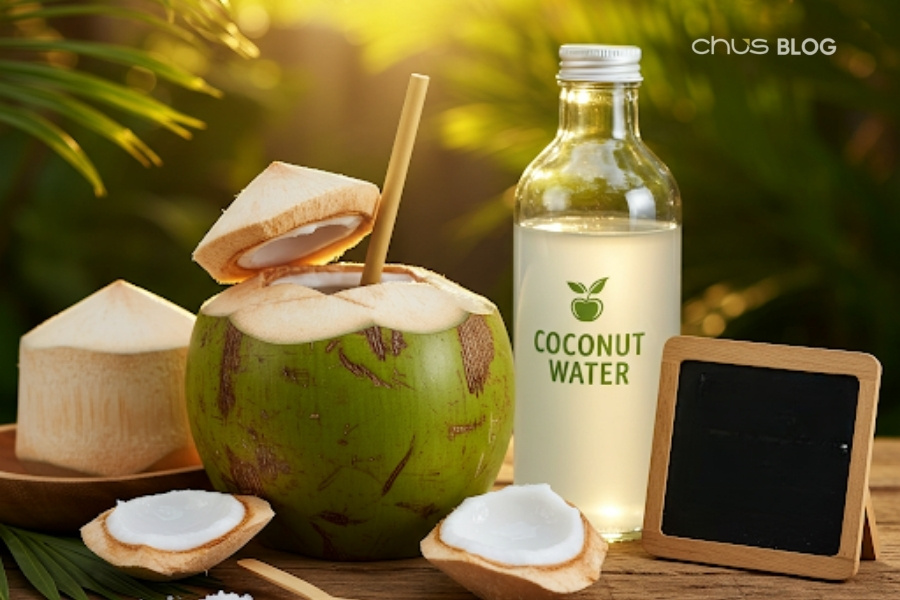 Fresh coconut water - a natural electrolyte replenisher, reducing stress on hot days and bringing a refreshing sensation