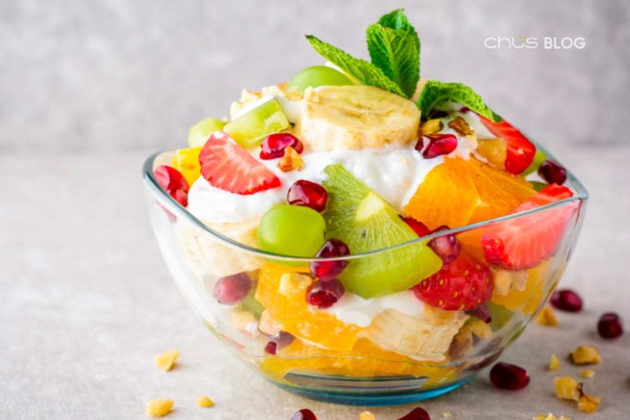 Cool mixed fruit bowl with white shaved ice