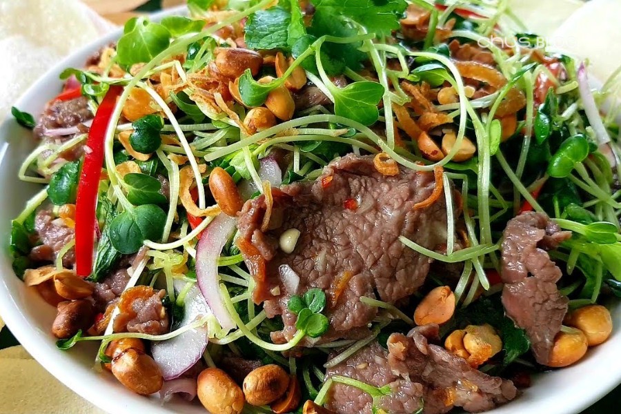 Fresh delicious beef and bean sprout salad with eye-catching green and red colors