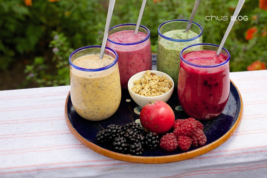 Colorful refreshing fruit smoothie glasses