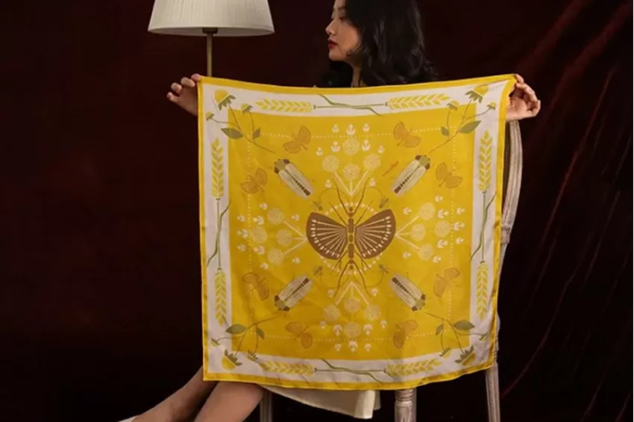 Golden Butterfly silk scarf - elegant fashion statement for modern women