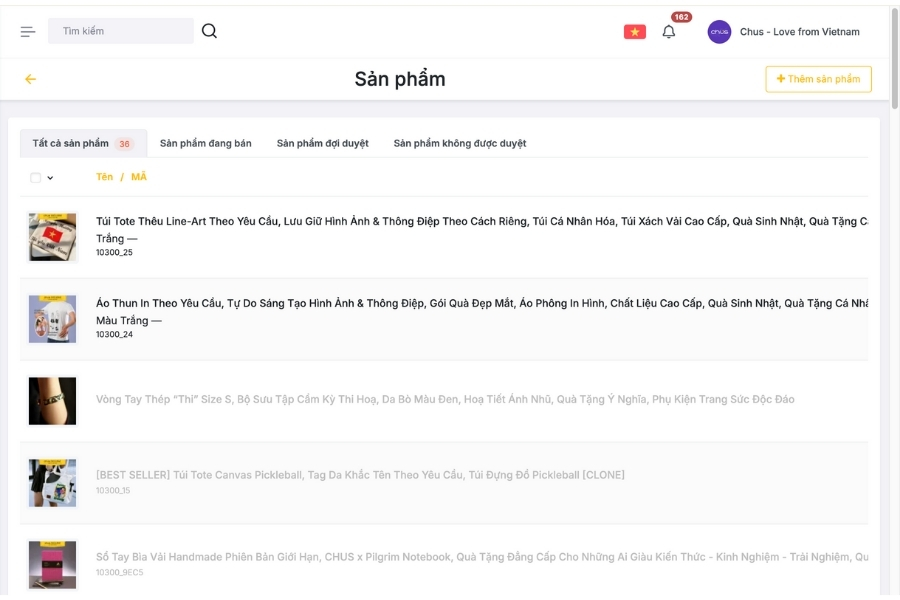 Mục "Sản phẩm"