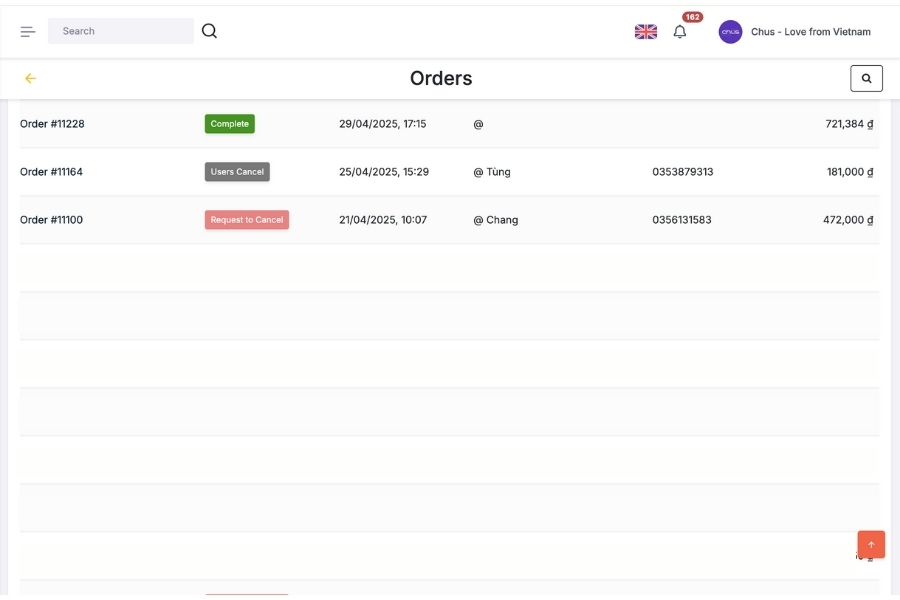 "Orders" Section