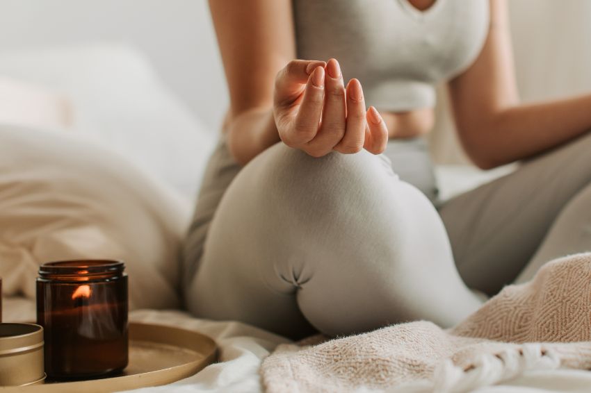 Simple meditation and yoga with a mat, scented candles, and a quiet space for complete relaxation