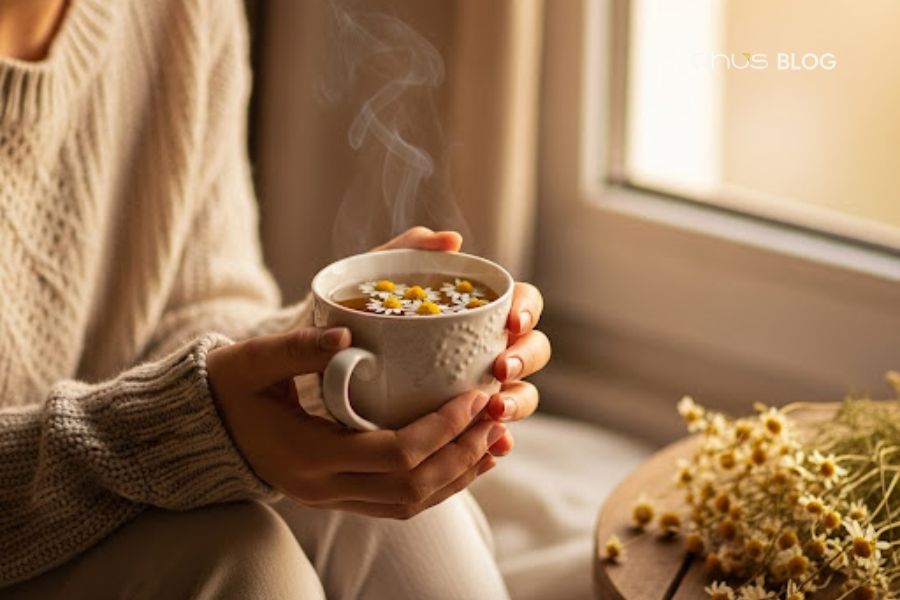 Chamomile tea with its gentle fragrance - a reliable drink that helps you sleep better every night during exam season