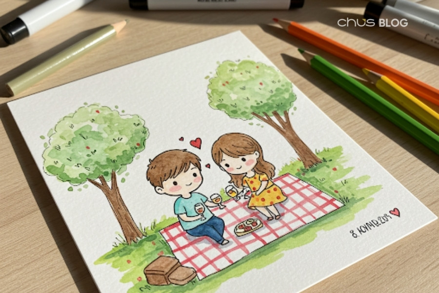 Thiệp chân dung vẽ tay đáng yêu với màu sắc tươi sáng