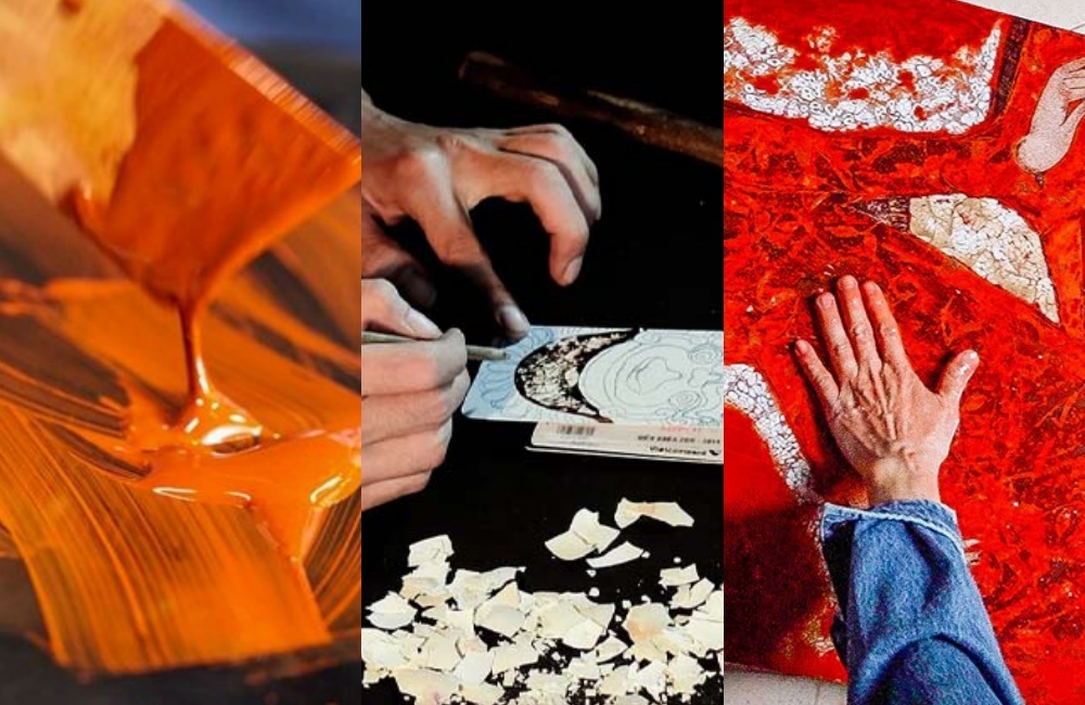  the Vietnamese lacquerware process: applying resin, arranging eggshell inlays, and polishing a completed red lacquer artwork