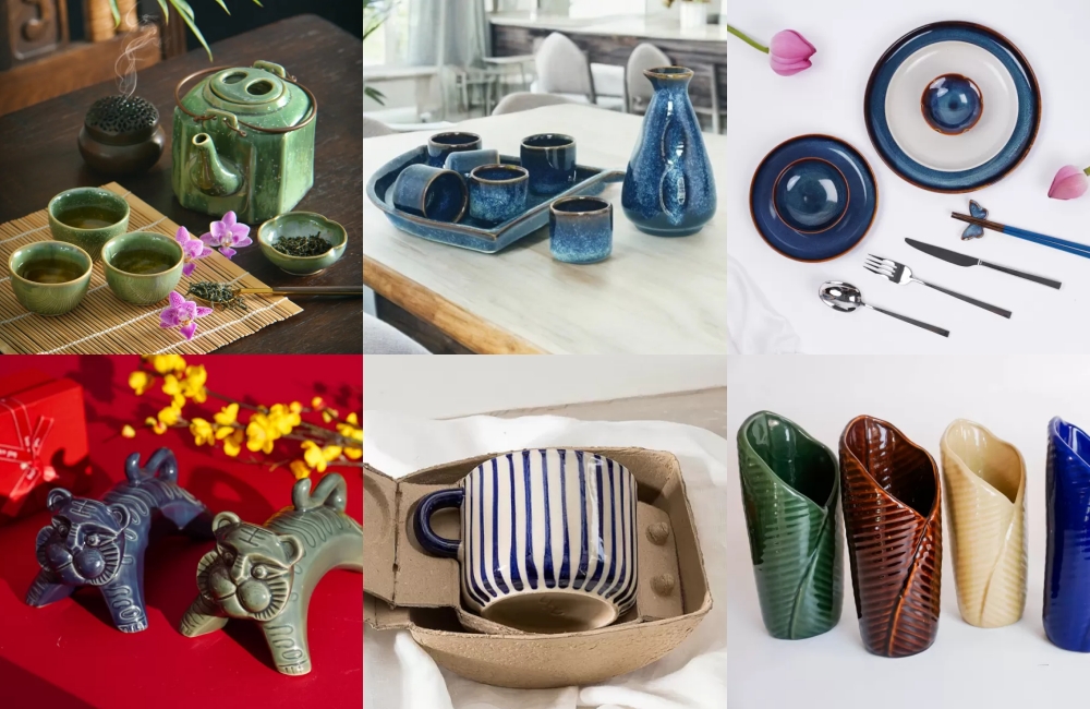 Collection of authentic Vietnamese handcrafted ceramics featuring Bat Trang blue and white tea set, Chu Dau glazed vases, and Thanh Ha earthenware bowls