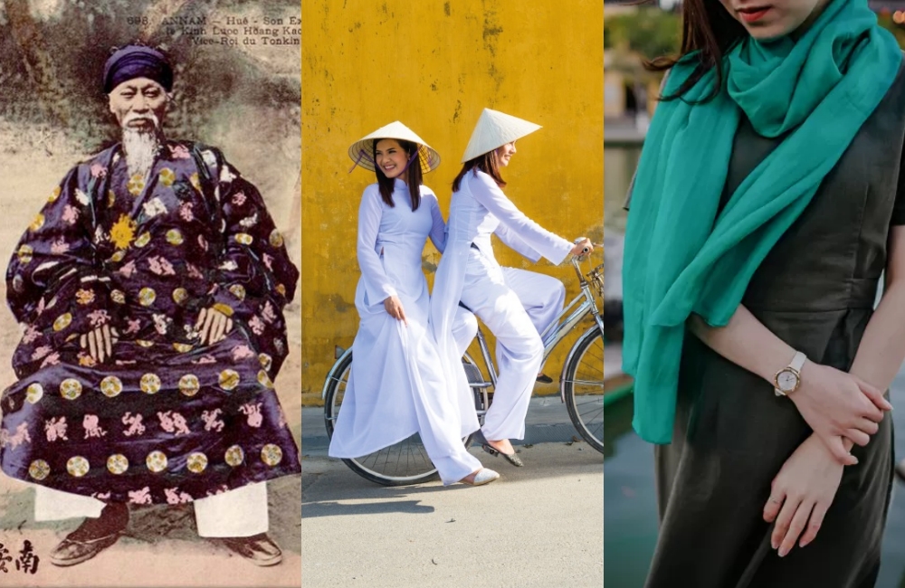 Alt text: "Evolution of Vietnamese silk fashion showing historical royal garments, traditional white ao dai, and modern silk scarf demonstrating timeless elegance