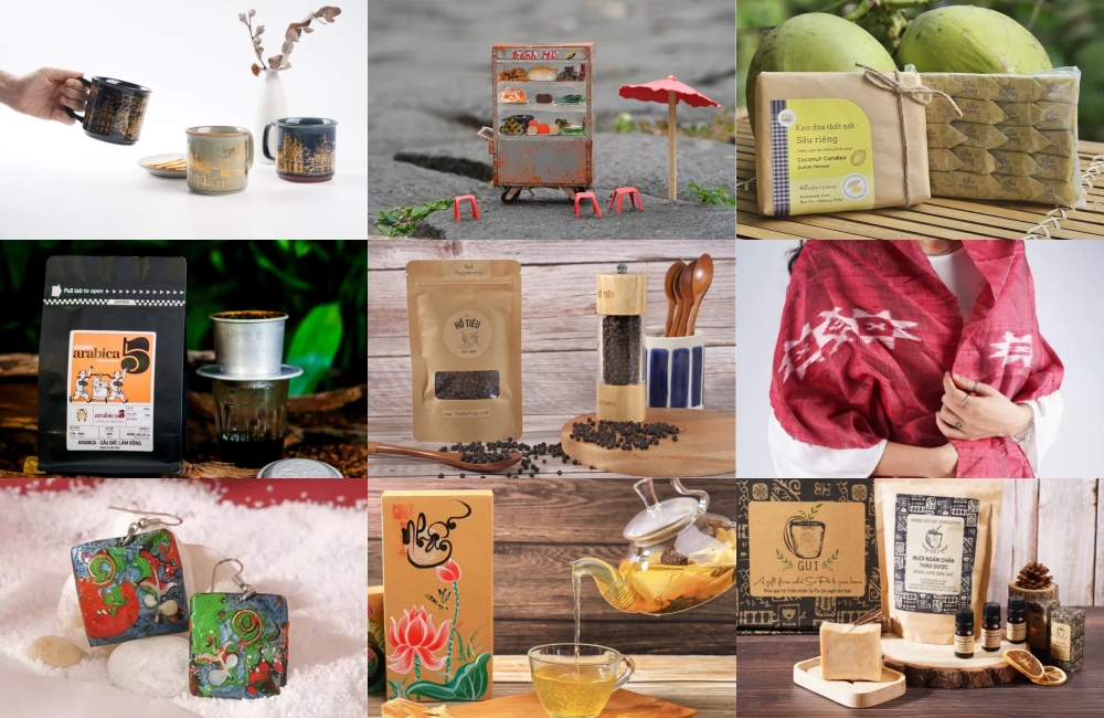 Collection of authentic Vietnamese gifts and souvenirs including handmade crafts, traditional textiles, and local specialties