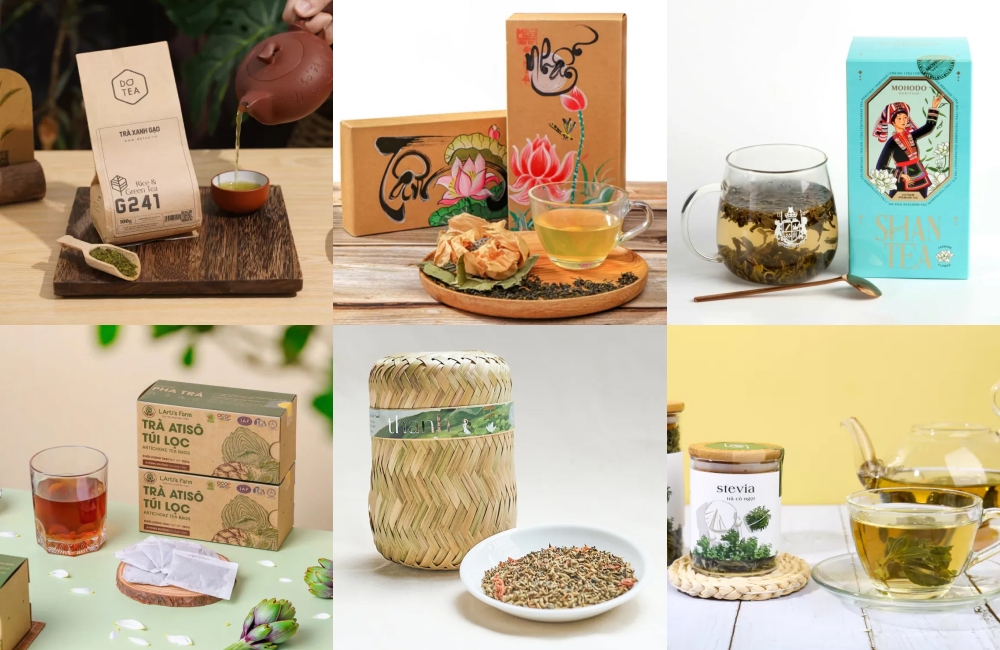 various Vietnamese teas, including green tea, artichoke tea, and herbal teas in both loose leaf and tea bag forms, with traditional and modern packaging