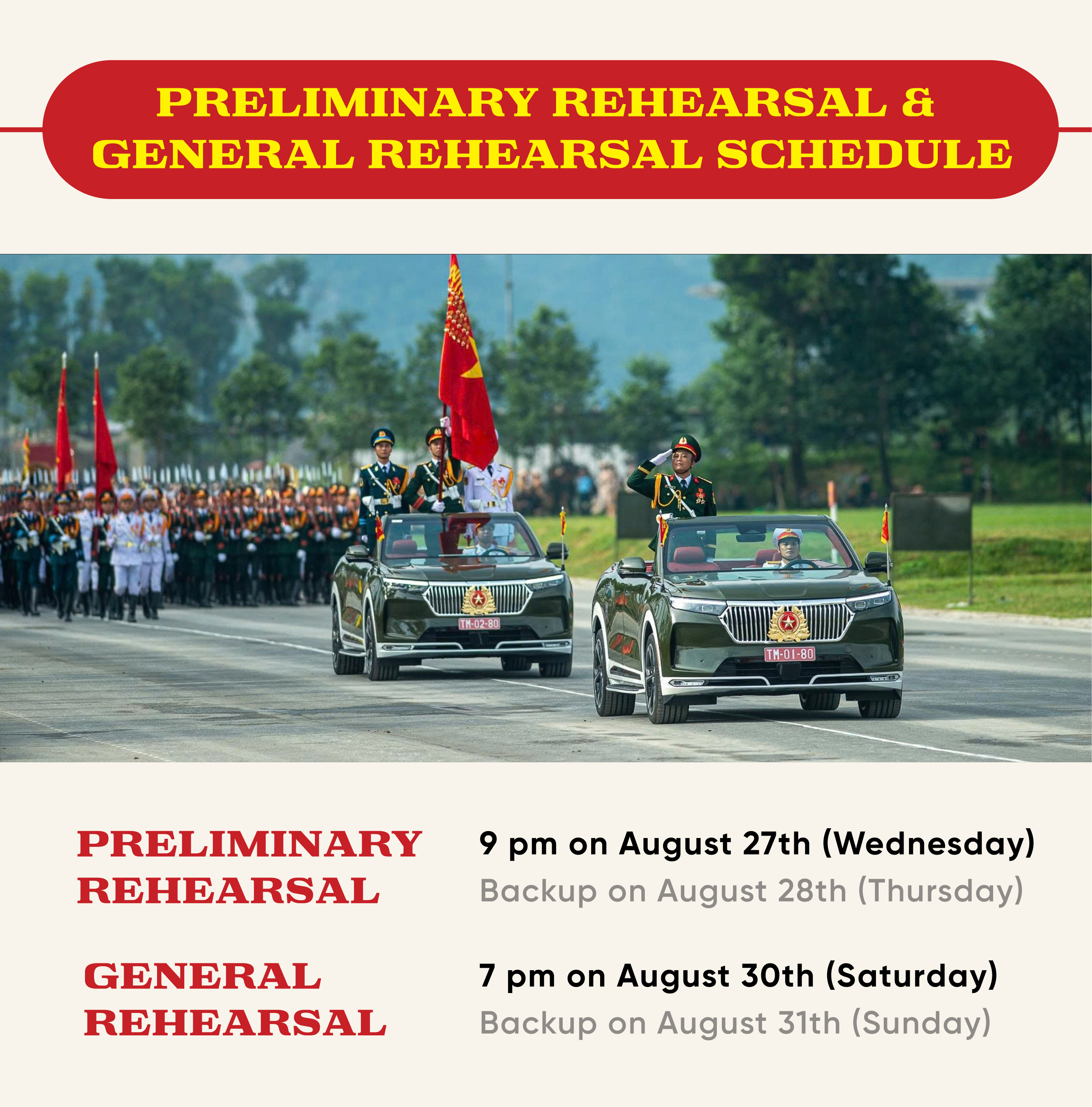 Image 04. Detailed infographic of rehearsal & final rehearsal schedule for the September 2nd military parade and march