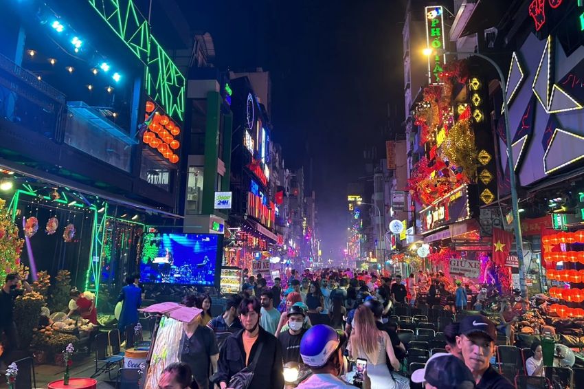 Bùi Viện Street is bustling with modern Tết festivities.