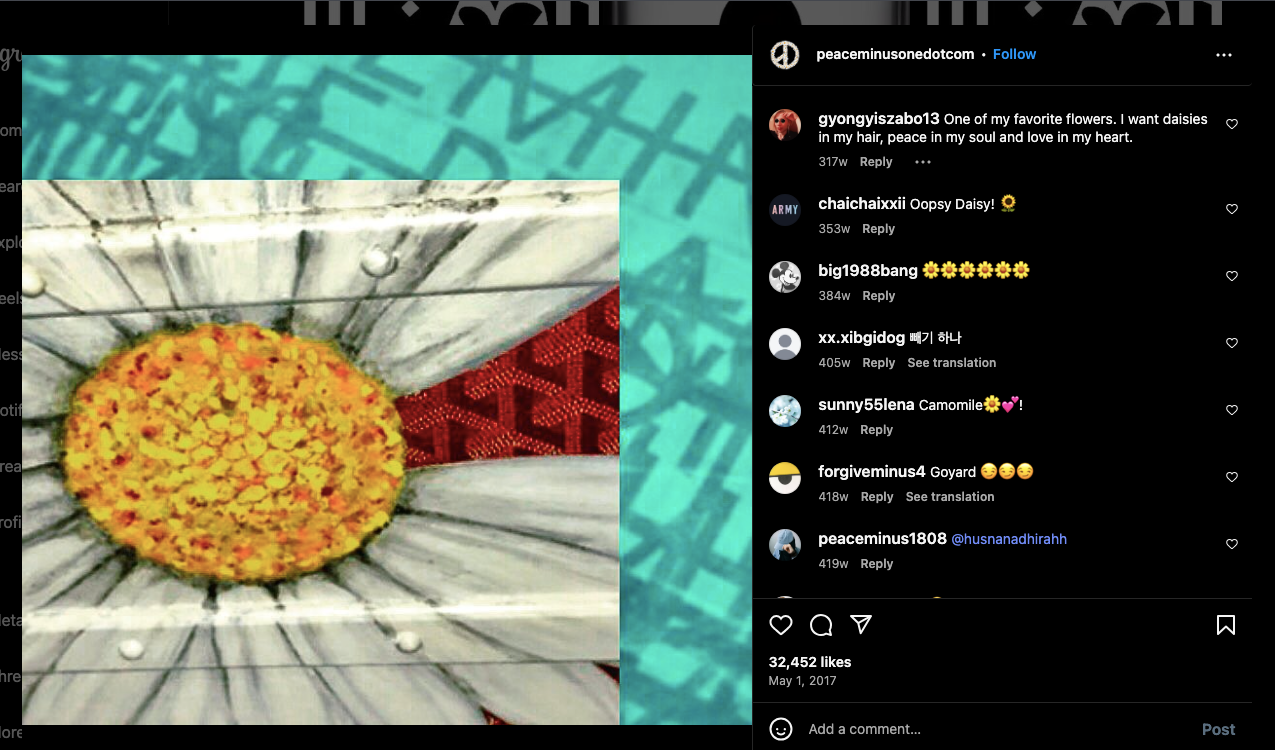 Hình ảnh đầu tiên về hoa cúc khuyết cánh được Peaceminusone chia sẻ trên instagram chính thức của mình