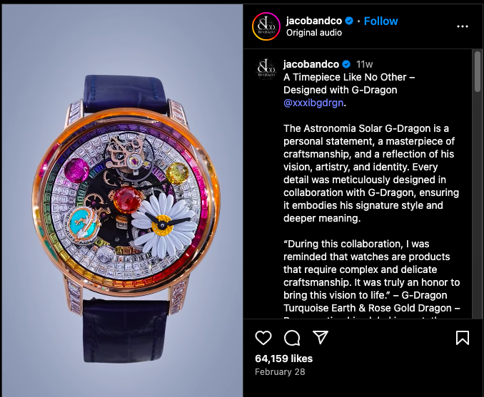 G-Dragon đã hợp tác với thương hiệu trang sức và đồng hồ cao cấp Jacob & Co. để ra mắt một mẫu đồng hồ phiên bản giới hạn đặc biệt