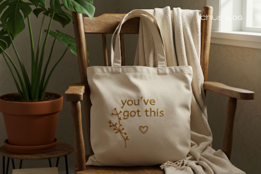 The handmade tote bag accompanies the recipient in daily activities