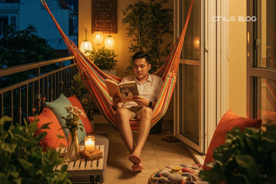 A small hammock on the balcony is an ideal relaxation spot, giving you the feeling of being on a beach resort