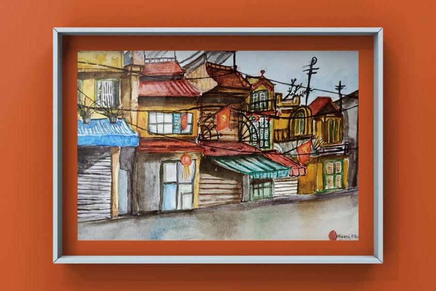 Phố phường Hà Nội được tái hiện một cách bình dị qua bức tranh