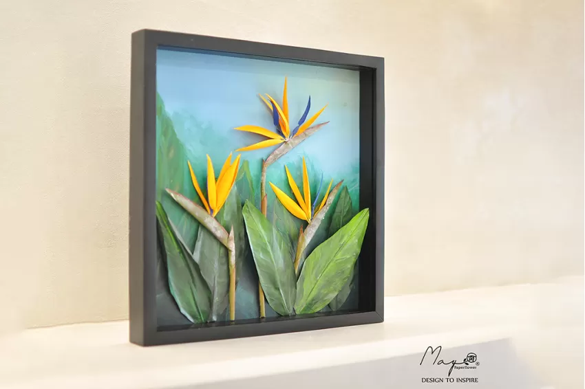 Handmade Paper Flower Painting - The Bird of Paradise Flower MAYPAPERFLOWER With 40x40cm Wooden Frame, Corporate Gift