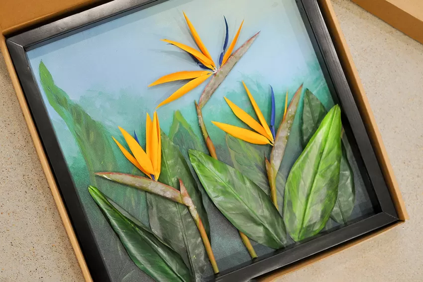 Handmade Paper Flower Painting - The Bird of Paradise Flower MAYPAPERFLOWER With 40x40cm Wooden Frame, Corporate Gift